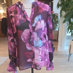White House Black Market Purple and Black Floral Blouse XS New Without Tags